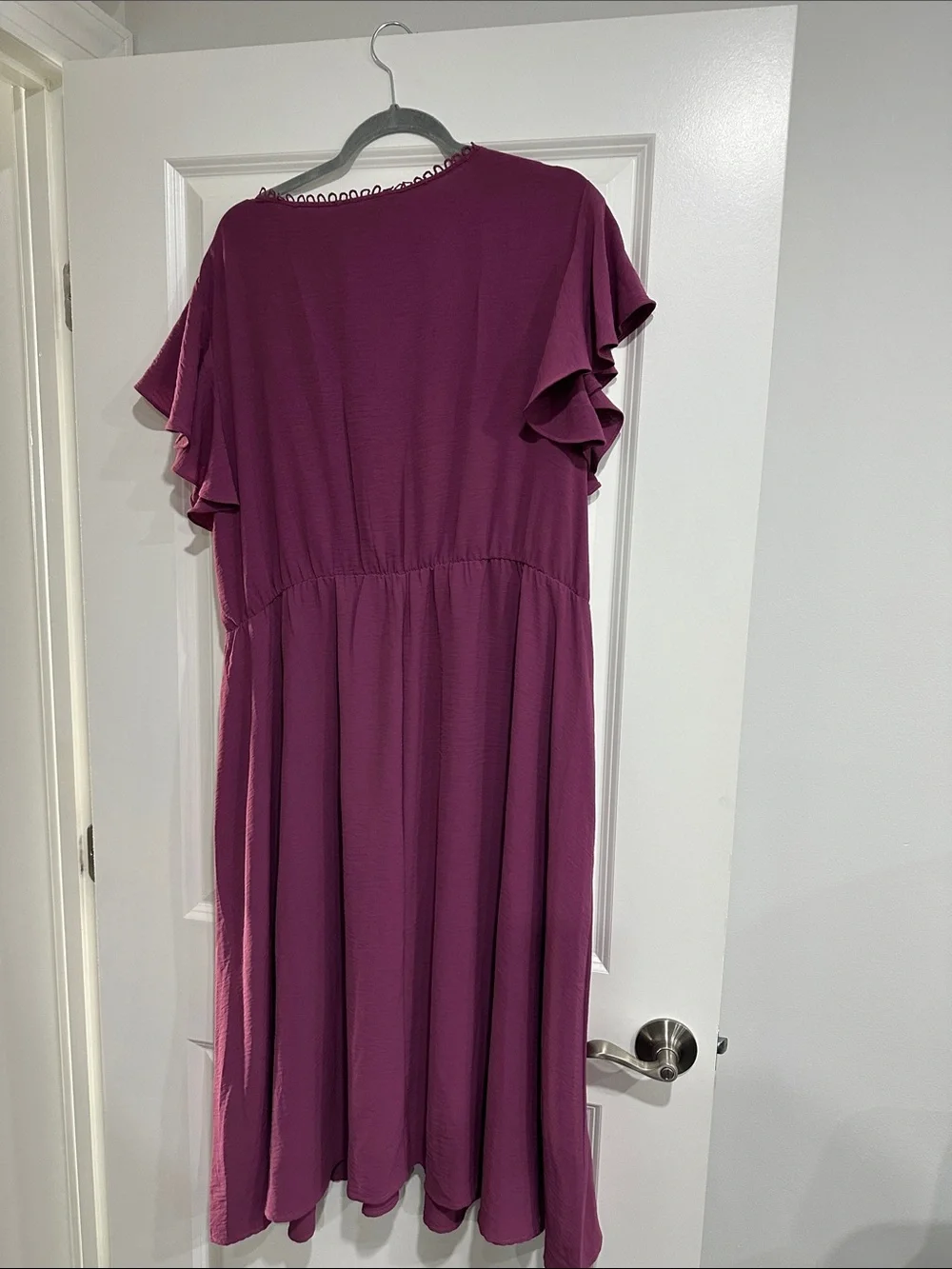 BloomChic Deep Plum V-Neck Ruffle Sleeve Dress